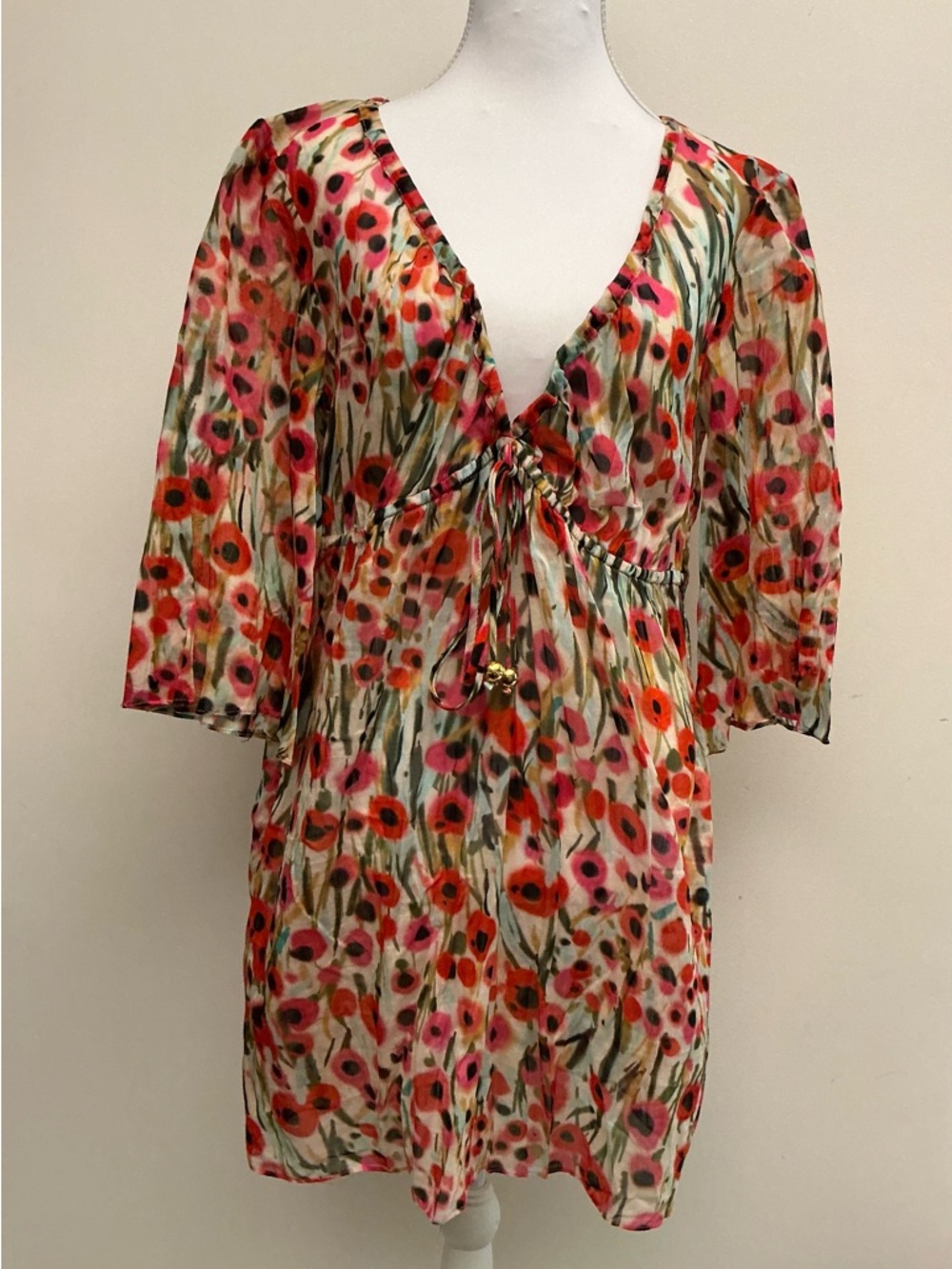 Floral V-Neck Tie-Front Tunic in Pink & Orange